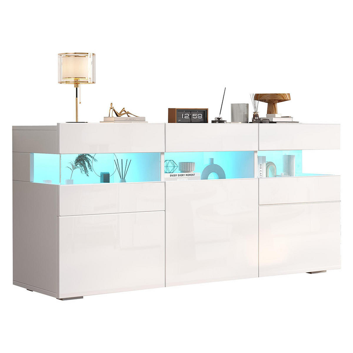 SIDEBOARD 140x40.5x66.5cm mit LED-Lichtleiste,Weiß - Weiß, Holzwerkstoff (40.5/66.5/140cm) - KOMHTOM