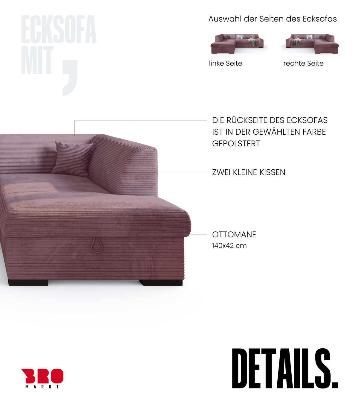 ECKSOFA mit Schlaffunktion Cordstoff MILENZO Puderrosa Rechts - Rosa, Holz (260/175cm) - Bromarkt