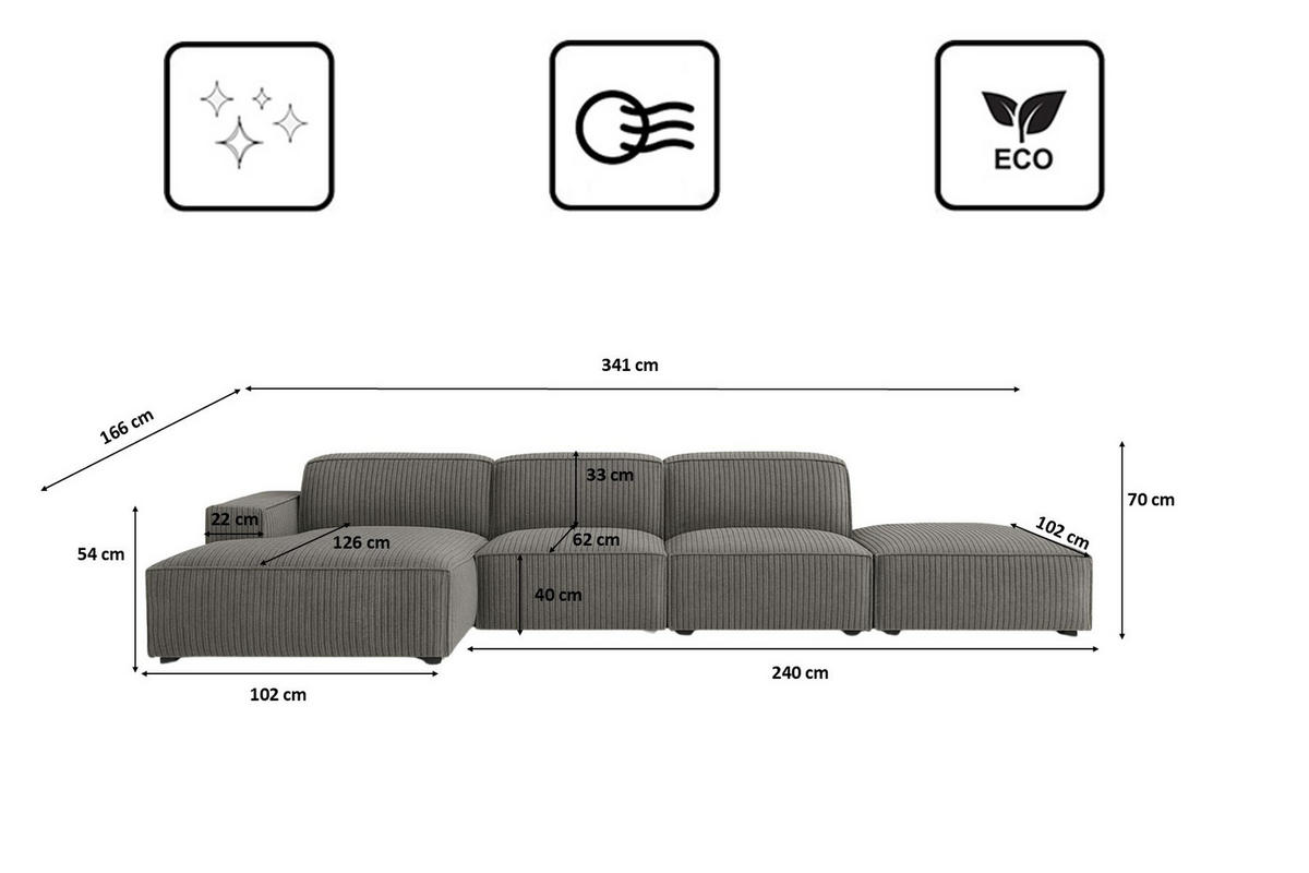 ECKSOFA Cursal L-Form, Stoff Poso, Grau + Hocker, Links - Grau, Holz (341/166cm) - Kaiser Möbel