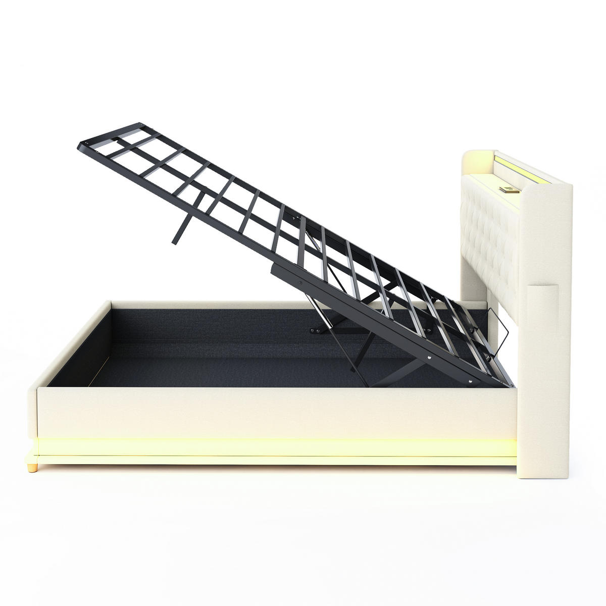 POLSTERBETT 160/200 cm in Beige Leinen mit Bettkasten, LED und USB - Beige, Holzwerkstoff/Textil (160/200cm) - WISHDOR