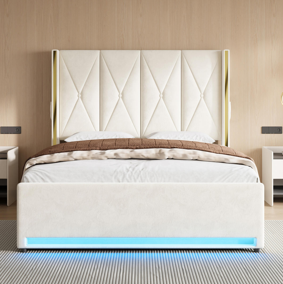 POLSTERBETT 160/200 cm mit USB, Type-C, LED und Bettkasten, Beige - Beige, Textil (160/200cm) - Redom