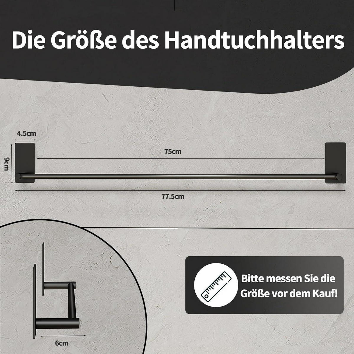 HANDTUCHHALTER ohne Bohren 75 cm Schwarz Matt - Schwarz, Metall (5/9/75cm)