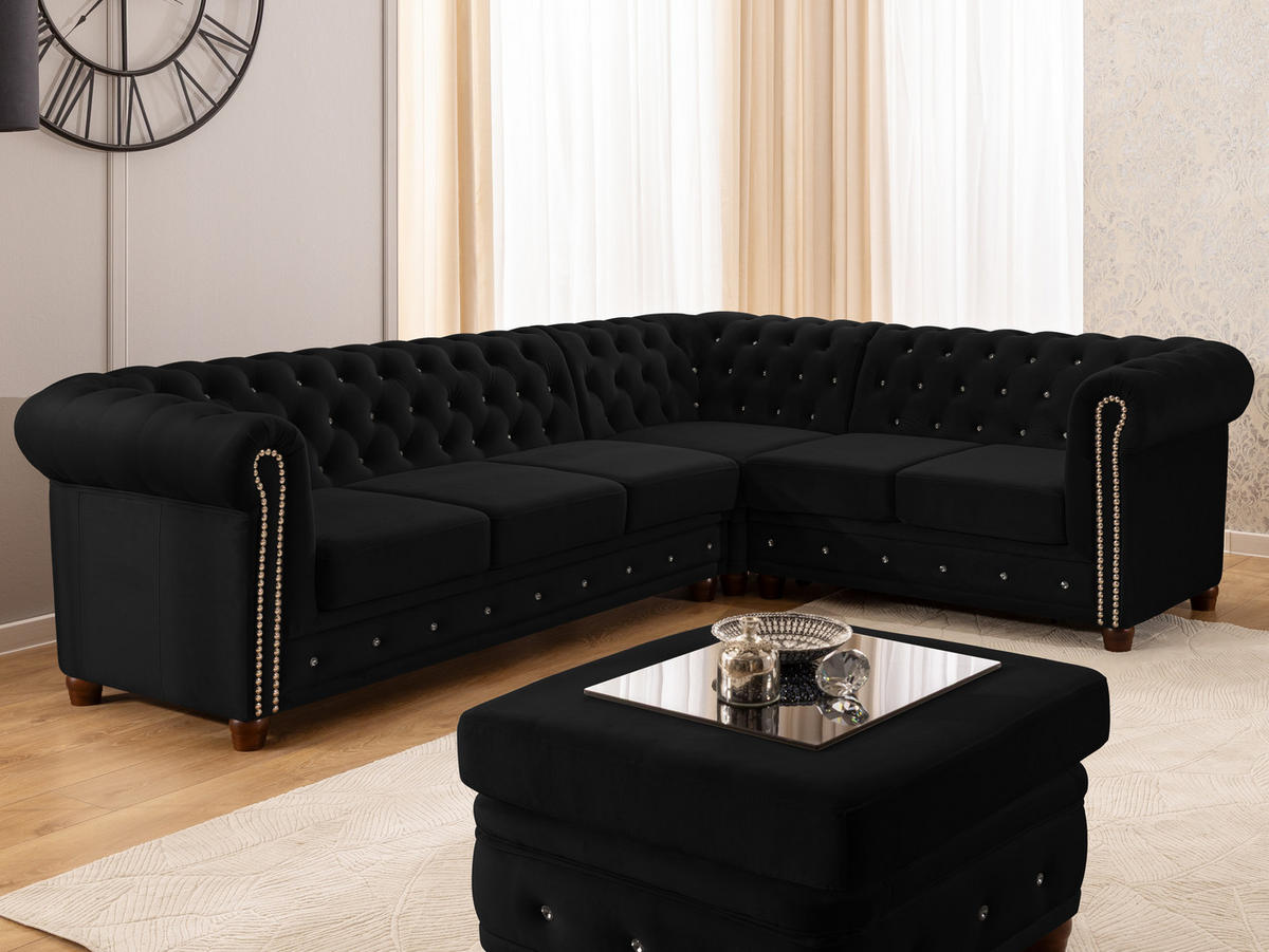 ECKSOFA mit Schlaffunktion Chesterfield Schwarz Samt mit Kristallsteppung und braunen Massivholzfüßen - Ottomane Rechts - Schwarz/Braun, Holz/Textil (264/210cm) - S-Style Möbel