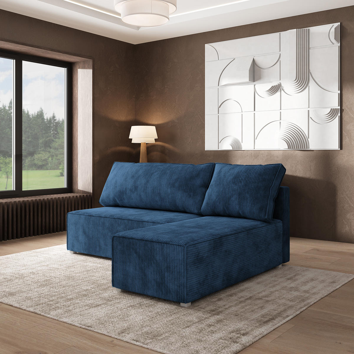 ROHOVÁ SEDAČKA BRISO modrá - šedá/modrá, dřevo/textil (200/140cm) - MASSENO