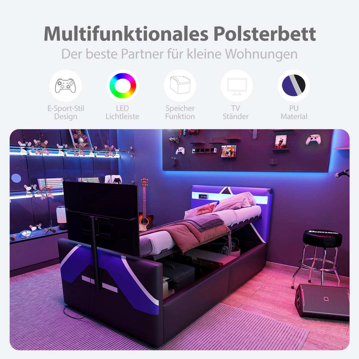 POLSTERBETT 90/200 cm aus MDF und Sperrholz mit USB, LED, Schreibtisch und 2 Schubladen Rosa - Rosa, Textil (90/200cm) - Modenvie