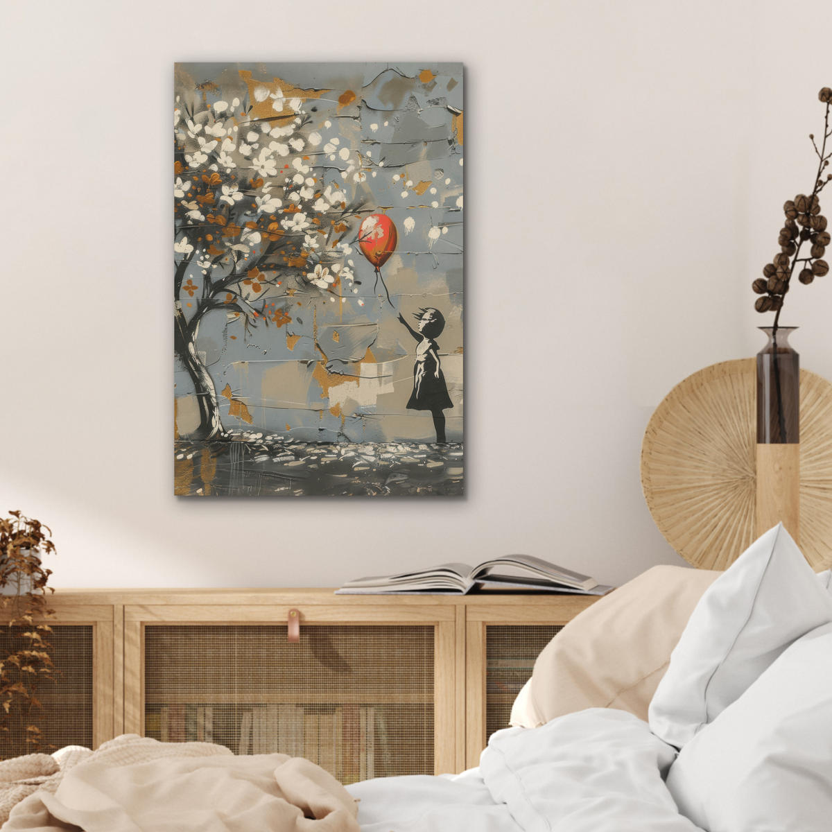 AKUSTIKBILD Baum - Graffiti - Banksy-Stil - Ballon-Mädchen Kunstdruck Schlafzimmer 50x70 cm - Blaugrau, Kunststoff (50/70/0.9cm) - MuchoWow