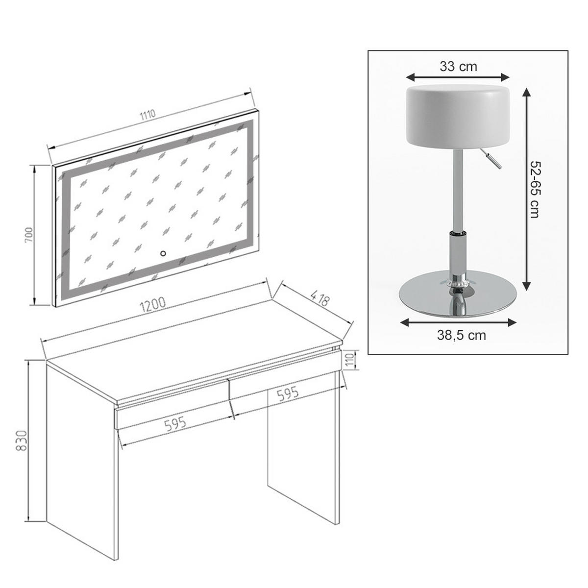 SCHMINKTISCH Emma Weiß 120 cm mit LED-Spiegel und Hocker - Weiß, Holzwerkstoff (120/83/41.8cm) - Vicco