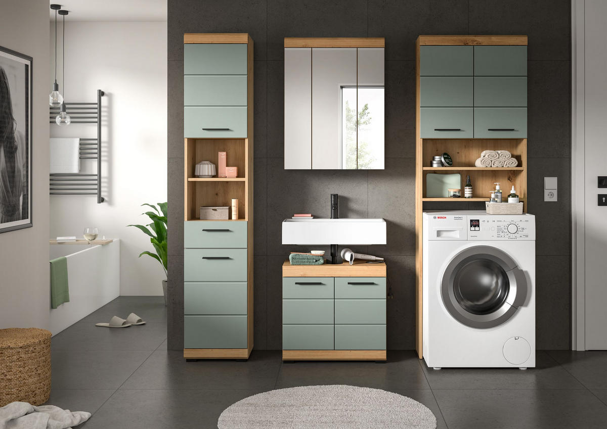 BADKOMBINATION 4tlg. Scout Bad in Artisan Eiche Nachbildung und Salbei Nachbildung B/H/T: 190x191x34 cm - Eiche Artisan, Holz (190/191/34cm)