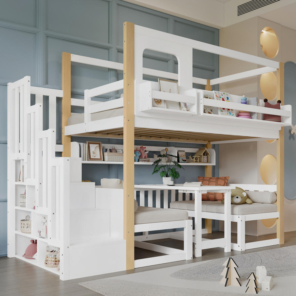 ETAGENBETT 90/200 cm mit Klapptisch, Aufbewahrungstreppe und Bücherregal, Kiefer/MDF, Weiß/Natur - Weiß, Holz (90/200cm) - Redom