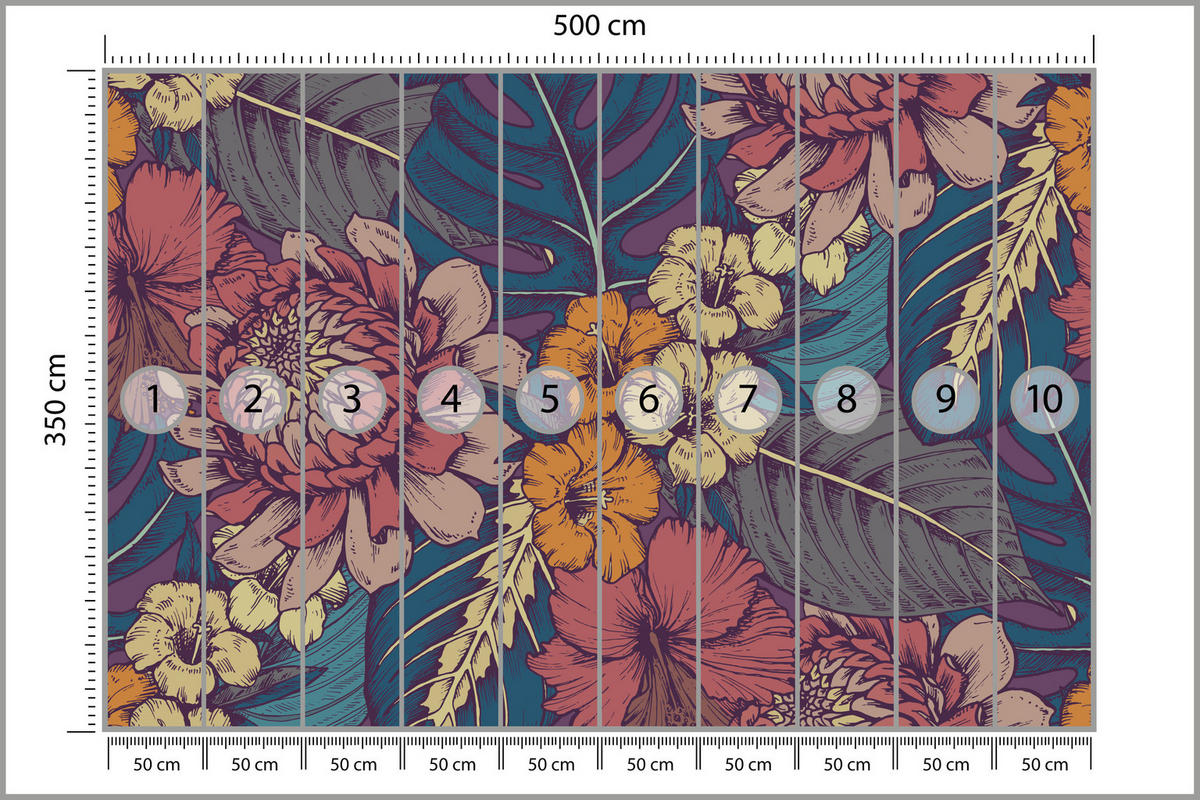 FOTOTAPETE für Schlafzimmer Retro Bunte Blätter Blumen Pflanzen 500x350 - Türkis/Blau, Papier (500/350cm) - Muralo