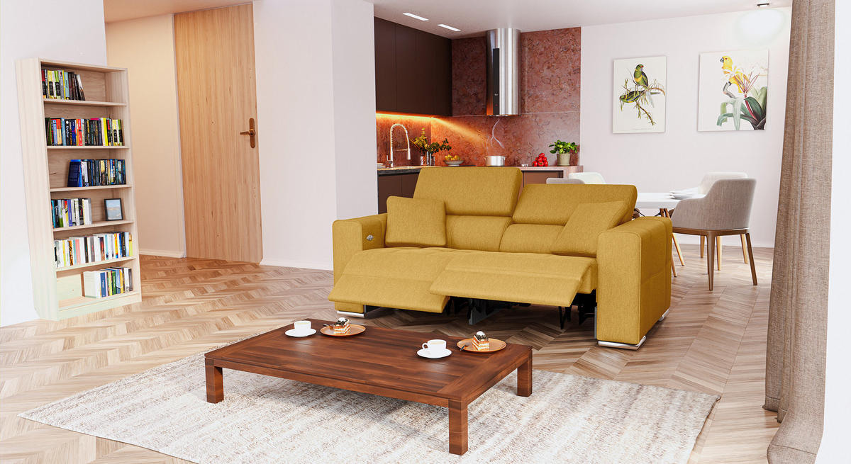 SOFA QUARTZ 3-Sitzer mit 2 Relaxfunktionen, honig - Silberfarben/Honig, Holzwerkstoff/Textil (204/80/102cm) - Courtois Laville