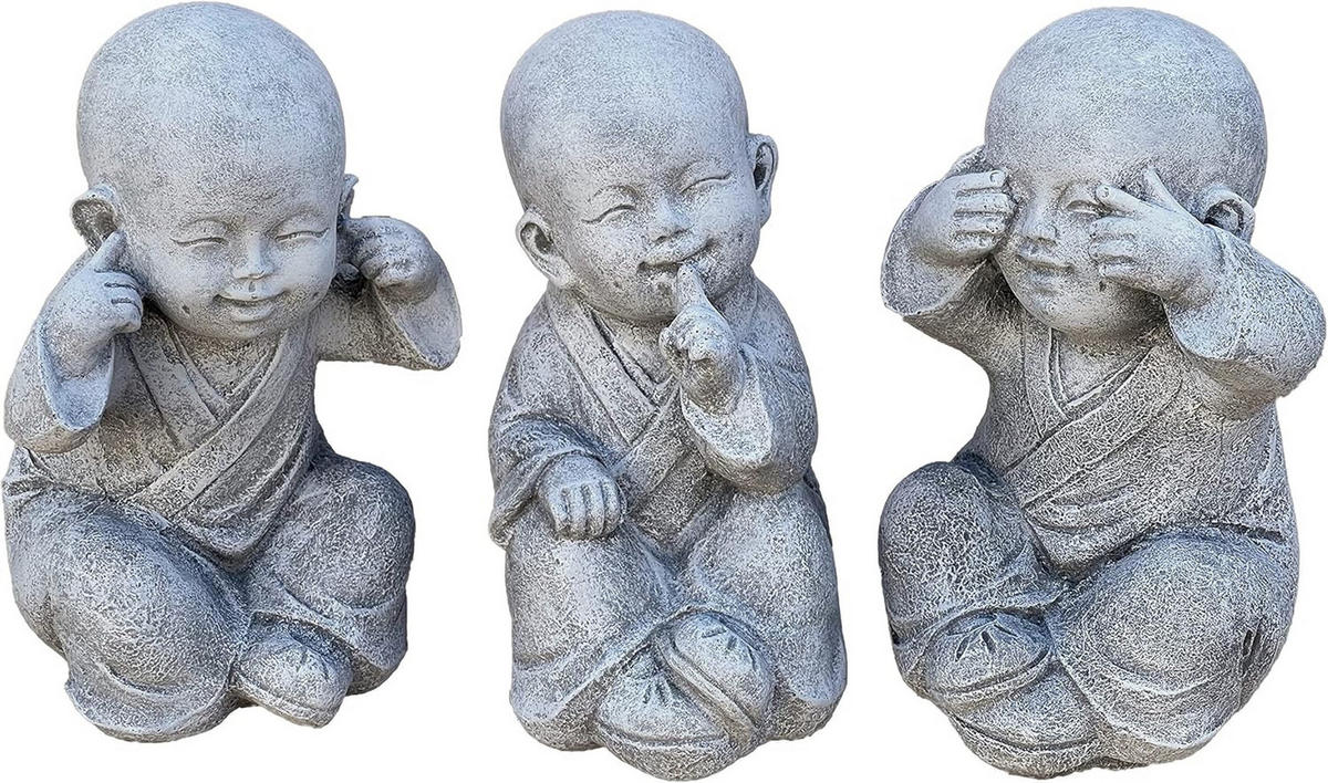 STEINFIGUR 3er große Buddha Shaolin Mönche nichts sehen sagen hören - Grau, Stein (14/26/17cm) - stoneandstyle