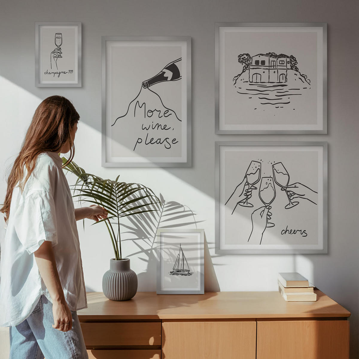 WANDBILDER 5er Set - 50x50 cm & 20x30 cm & 40x60 cm Silberner Rahmen - Minimalistische Boho-Muster - Silberfarben, Kunststoff (40/60cm) - ArtPrintCave