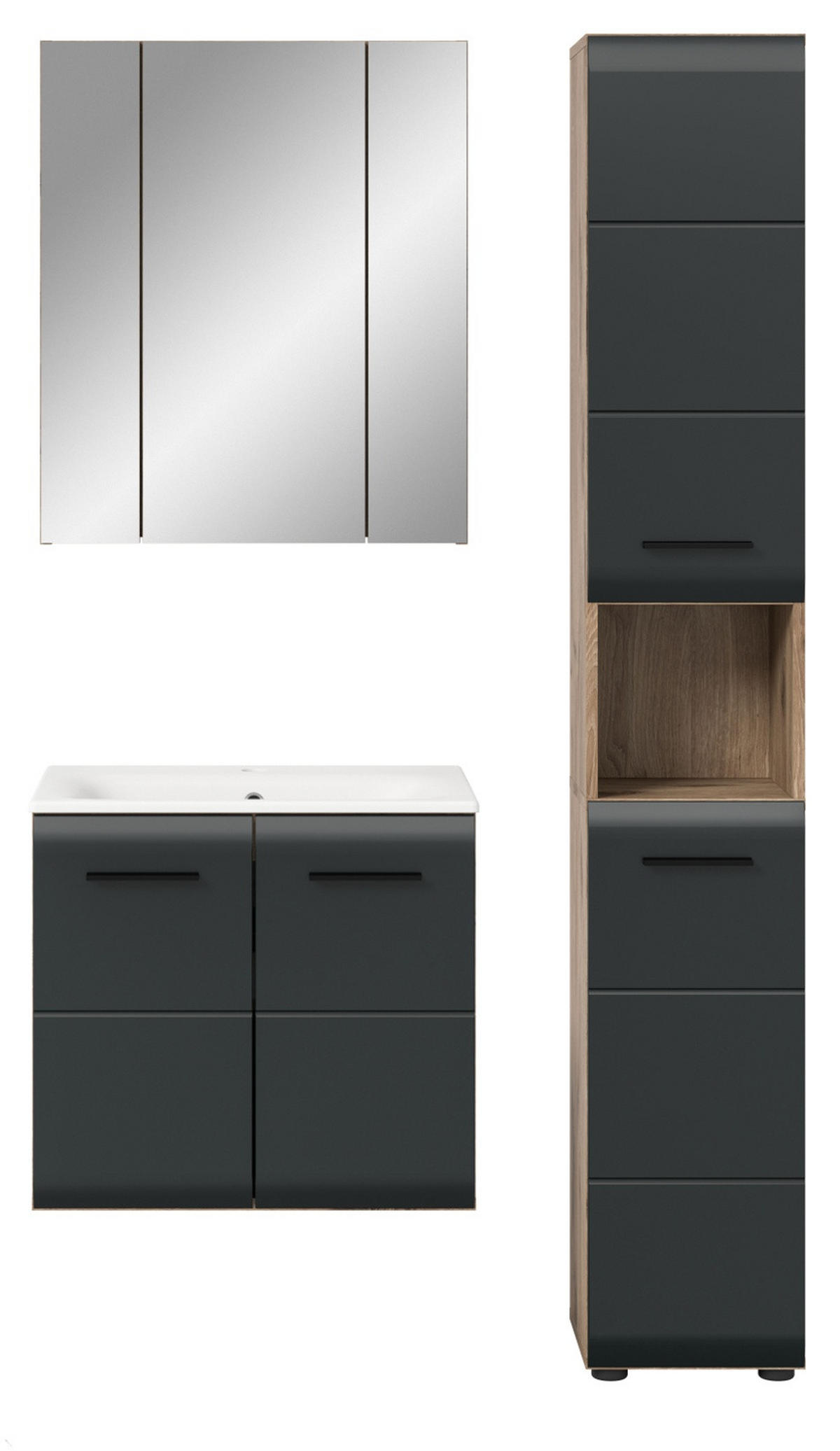 BADMÖBEL-SET 3-teilig Schwarz matt, Eiche Nox, Badezimmer Komplett-Set mit Waschbecken, 105 x 185 cm - Eichefarben/Schwarz, Glas/Keramik (105/185/46cm) - Inn.Furn