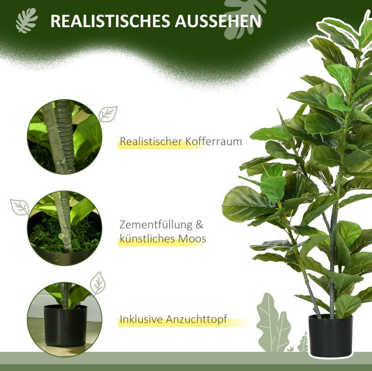 KUNSTPFLANZEN Ficus-Pflanze 15/15/110 cm grün aus Kunststoff mit Topf - Grün, Kunststoff (110cm) - OKWISH