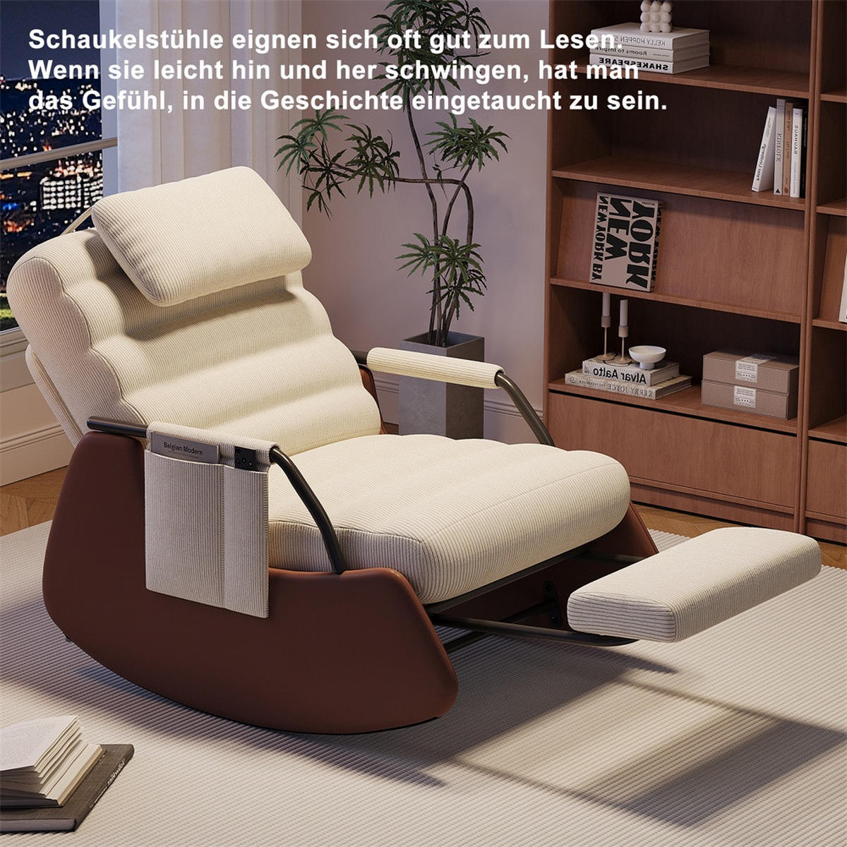 SCHAUKELSTUHL mit ausziehbarer Fußauflage und Kopfkissen - 3 stufig verstellbare Rückenlehne und Cord-Bezug - Beige - Beige, Textil (67/92/91.5cm) - DELFA