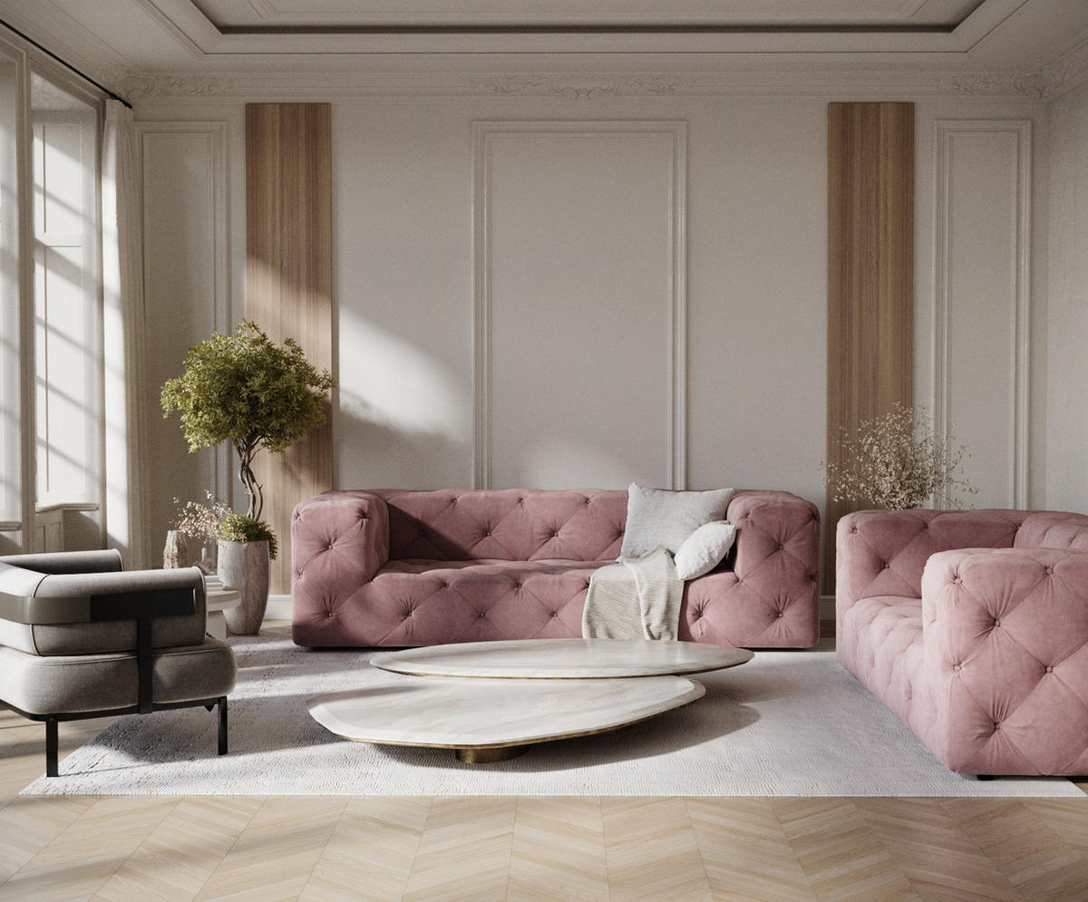 3-SITZER-SOFA Cosimo Rosa Samtstoff - Schwarz/Rosa, Holz/Holzwerkstoff (230/71/100cm) - Maison de Reve