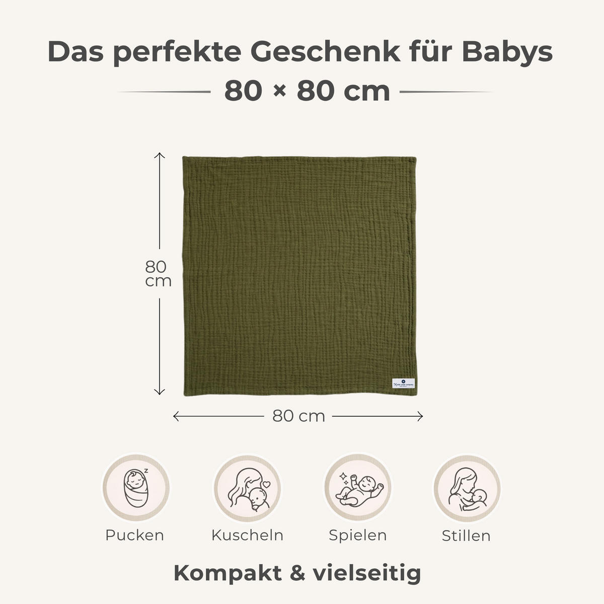 MUSSELINDECKE Babydecke Stilltuch Einschlagdecke Säuglingsdecke Mulltuch ab Geburt - Olivgrün, Textil (80/80cm) - nordic coast company