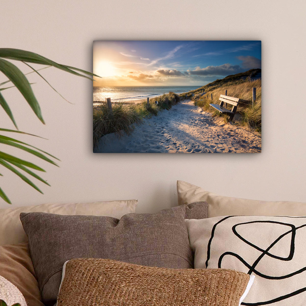LEINWANDBILD - Sonnenuntergang - Strand - Düne - Gras - Ufer - 30x20 - Deko XXL - Sandfarben, Textil (30/20cm) - MuchoWow