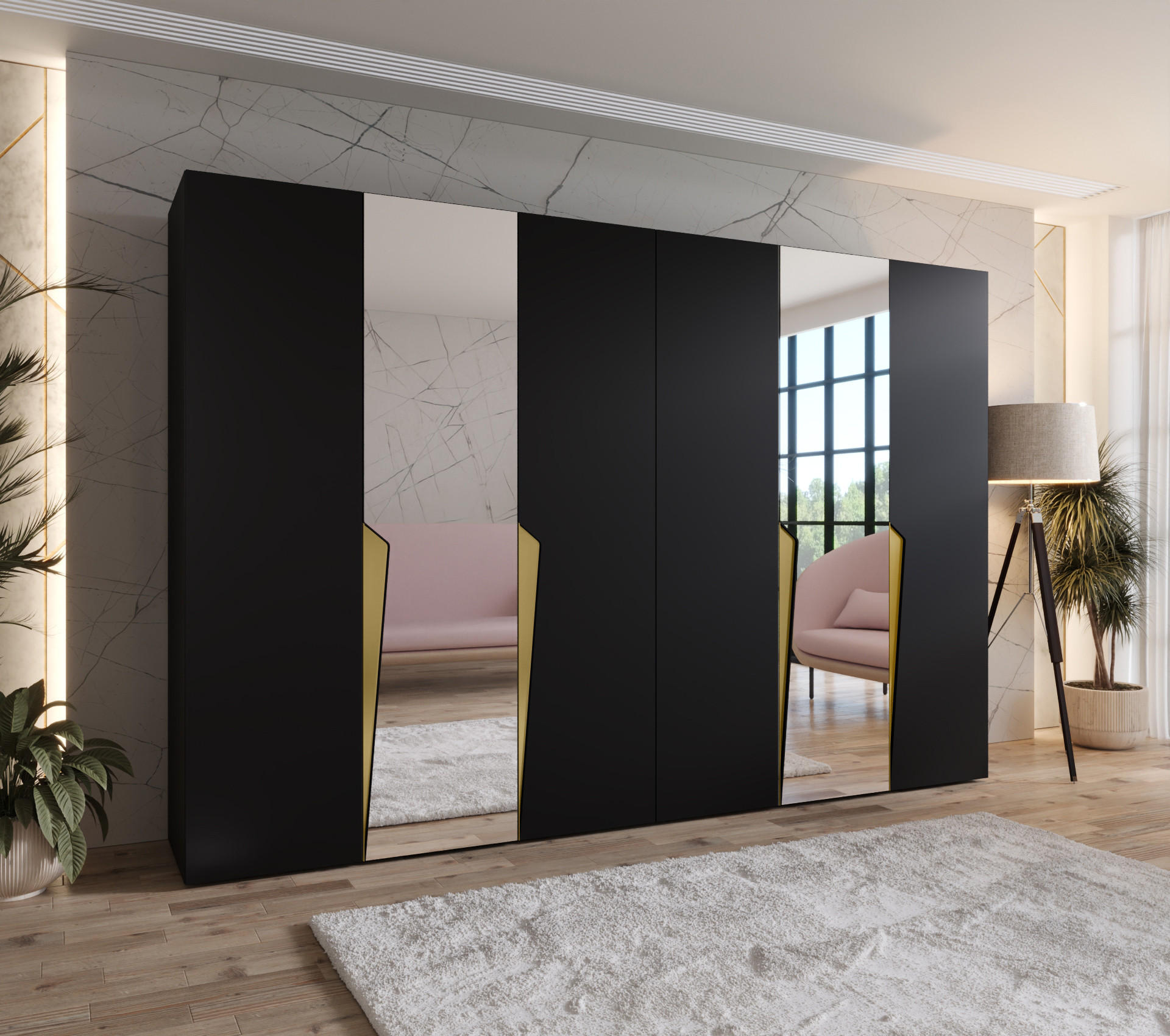 DREHTÜRENSCHRANK 202/300/52 6-türig - Goldfarben/Schwarz, Holz/Metall (300/202/52cm) - Abiks Möbel