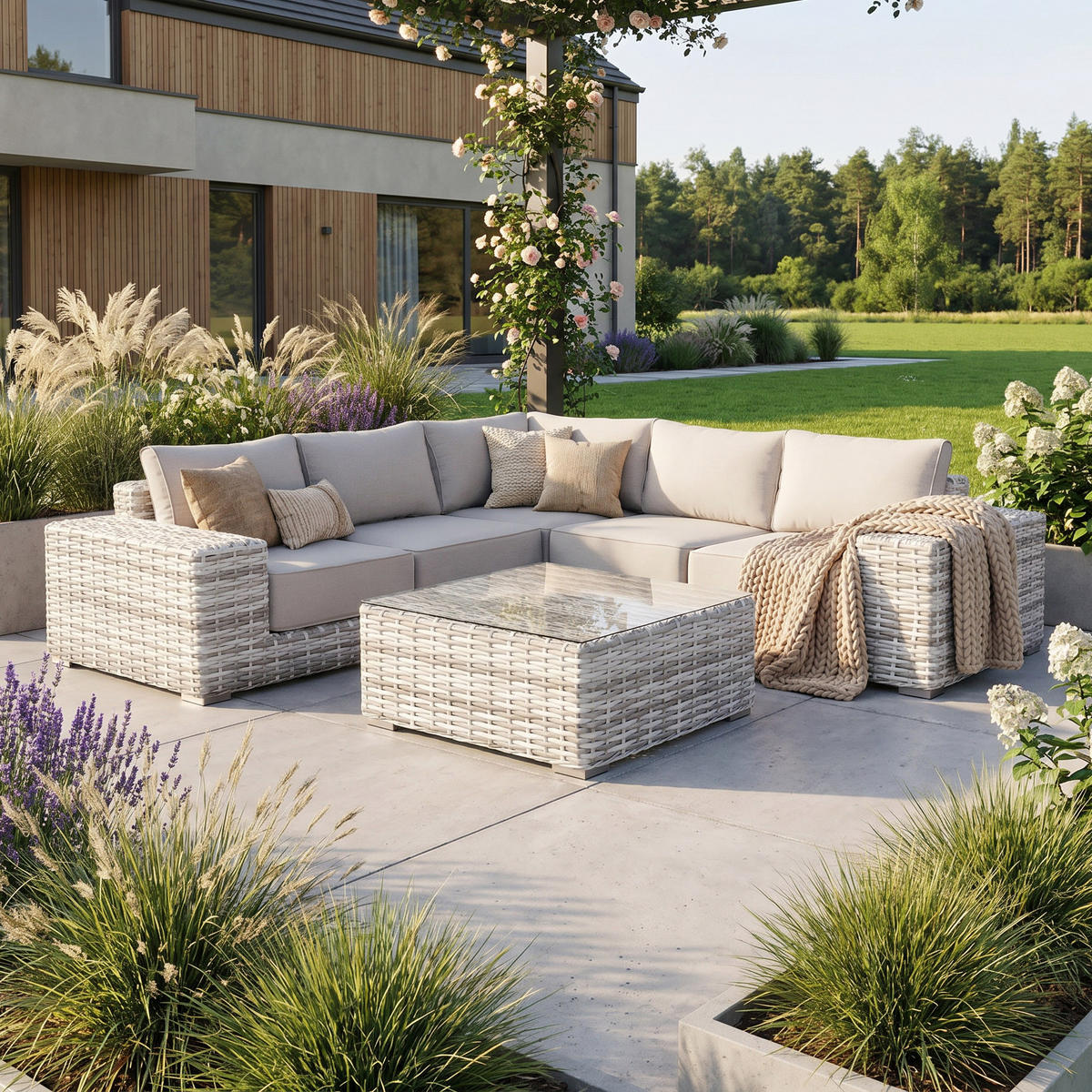 GARTENSET Solaris aus Technorattan, mit Ecksofa und Kaffeetisch, Hellgrau - Grau, Kunststoff/Metall - Beautysofa