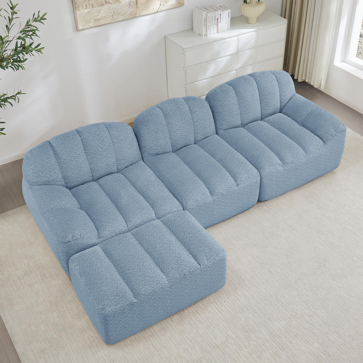 ECKSOFA Granulierter Fleece Blau mit Ottomane - Blau, Textil (288/165cm) - WISHDOR