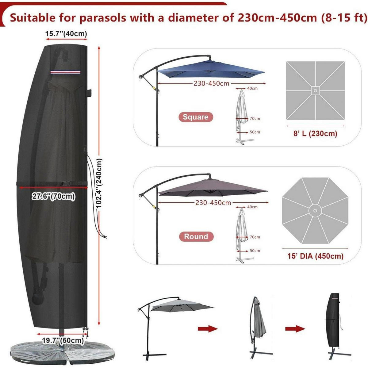 AMPELSCHIRM Schutzhülle 240 cm mit Stab - Schwarz, Kunststoff (1/1/1cm)