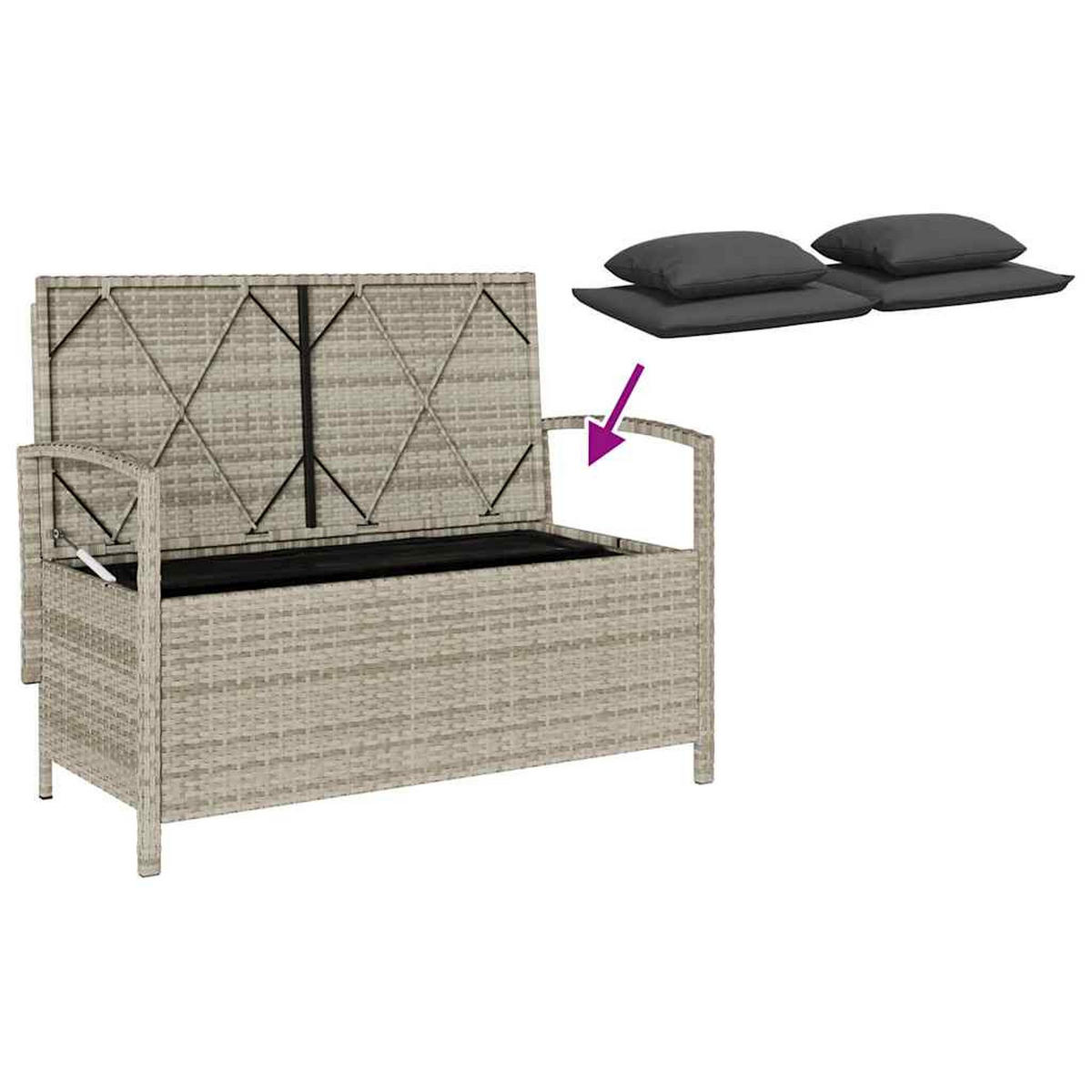 GARTENBANK mit Stauraum und Kissen, 111/56/87 cm, aus PE-Rattan und Stahl, Hellgrau - Grau, Kunststoff (56/87/111cm) - vidaXL