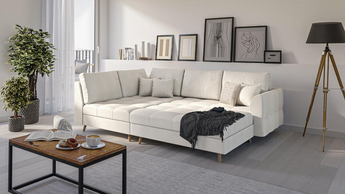 ECKSOFA MIT HOCKER Lorine Mikrofaser Ecru - Ecru/Hellbraun, Buchenholz/Textil (231/161cm) - S-Style Möbel