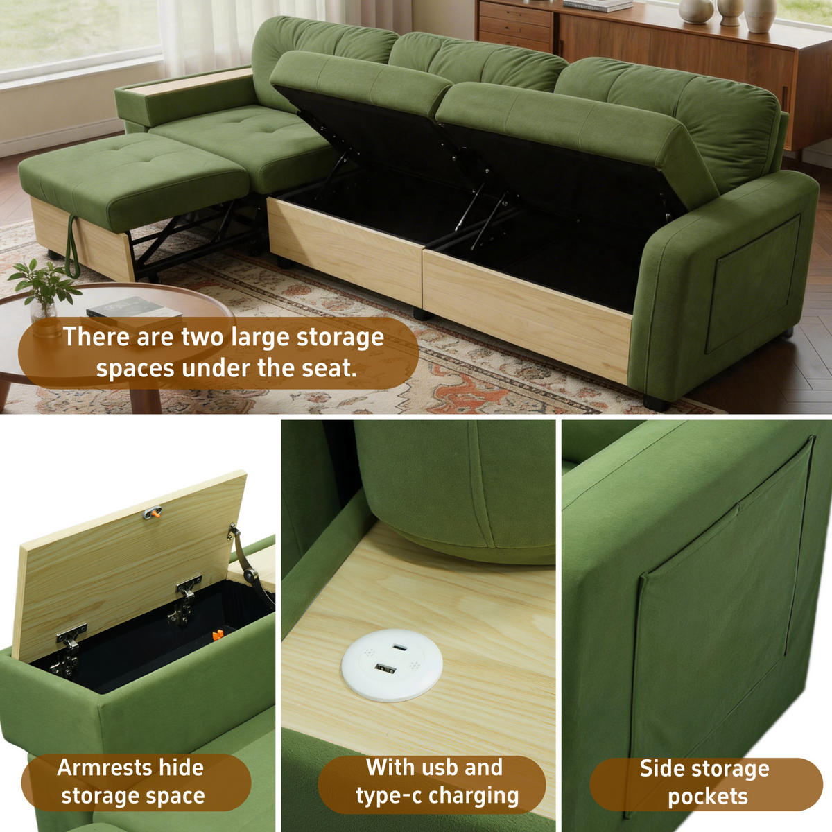 ECKSOFA 228/80/78 cm aus Samt mit ausziehbarer Ottomane und USB-Anschluss Grün - Grün, Textil (80/228cm) - Modenvie