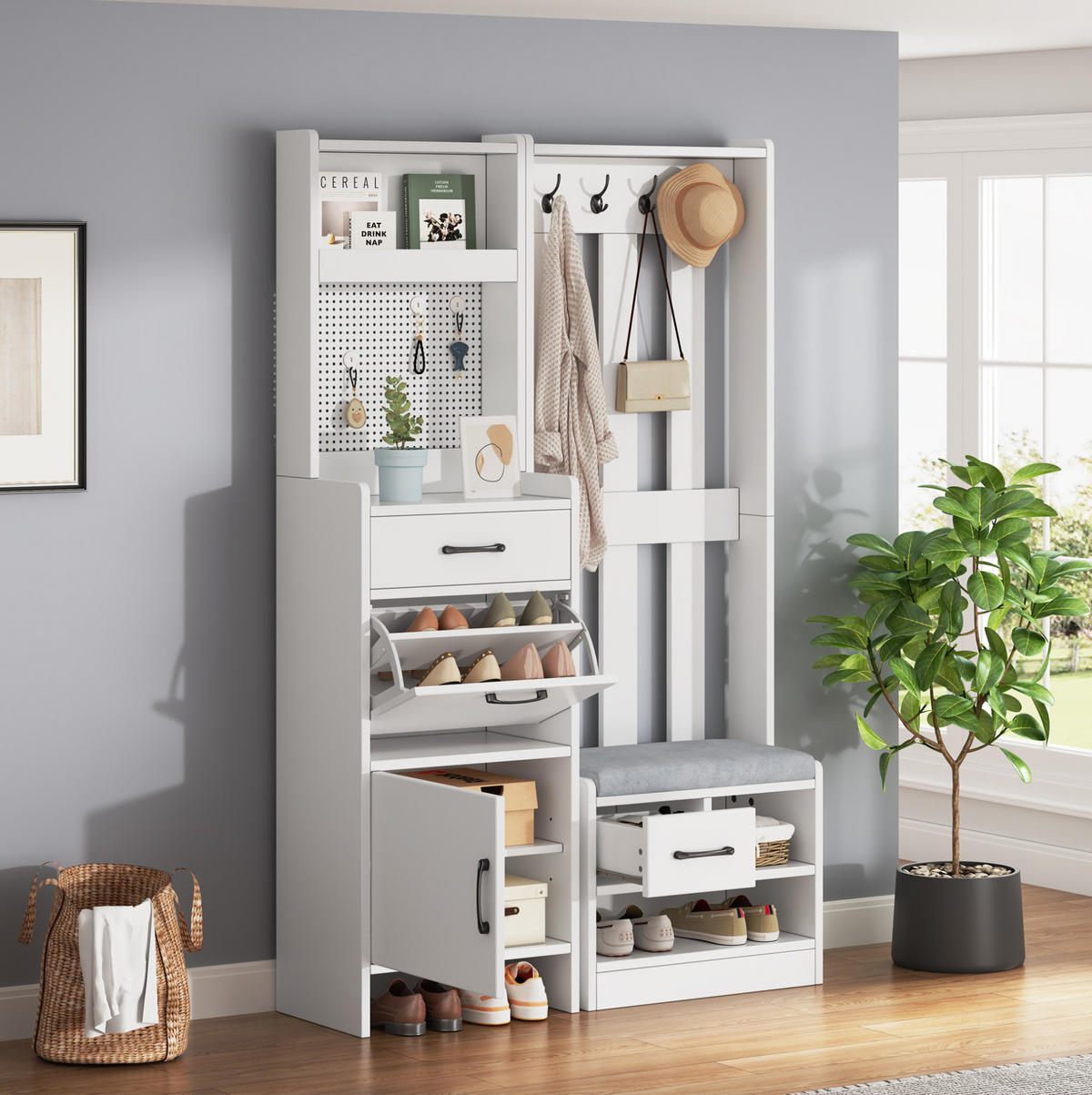 GARDEROBE 110/175,5/35 cm Weiß aus Spanplatte mit Schuhbank - Weiß, Holzwerkstoff (35/175.5/110cm) - OKMYHOME