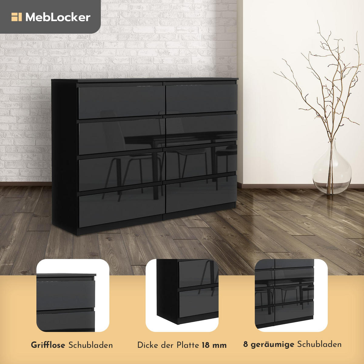 KOMMODE mit 8 Schubladen 140 cm Schwarz mit HochglanzFronte - Schwarz Hochglanz, Holzwerkstoff (138.5/101.5/39cm) - MebLocker