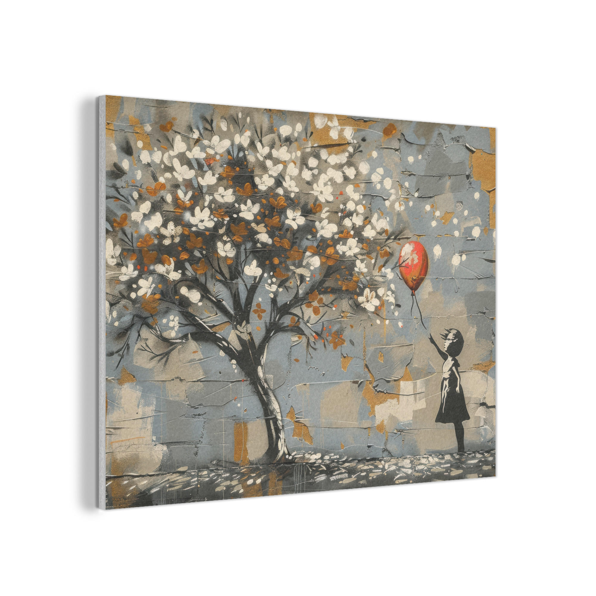 AKUSTIKPANEEL Baum - Graffiti - Banksy-Stil - Ballon-Mädchen 80x60 cm - Blaugrau, Textil (80/0.9/60cm) - MuchoWow