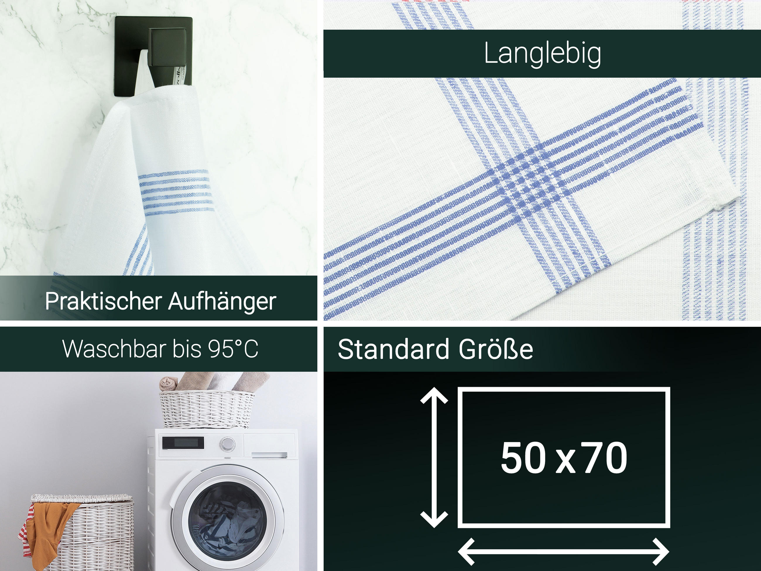 GESCHIRRTÜCHER, 4er-Set, 50x70 cm, 100% Leinen, Weiß - Blau/Weiß, Textil (50/70cm) - Zollner