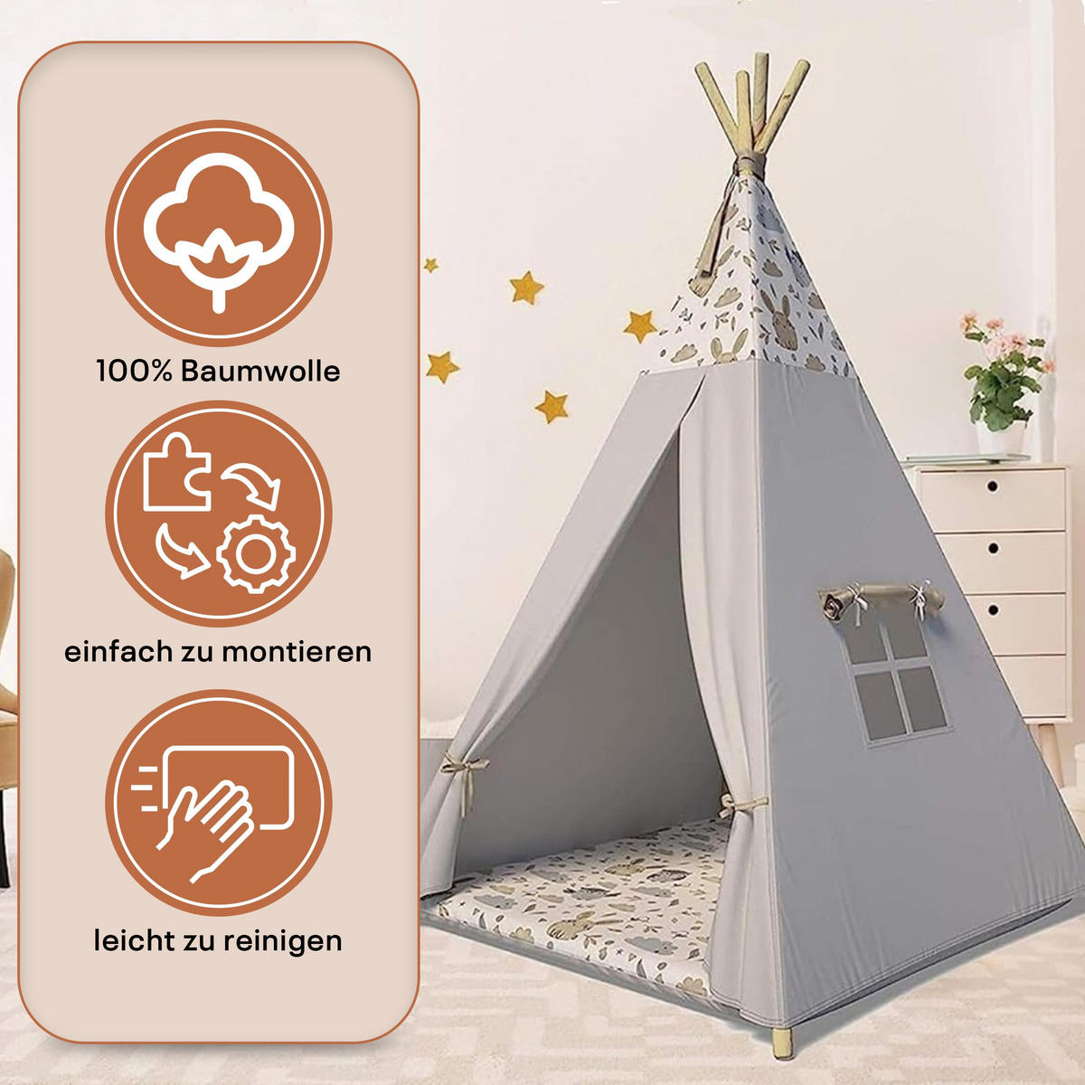 TIPI-ZELT 105 x 105 x 140 cm Grau Tierchen mit weichen Kissen | Spielzelt für Kinderzimmer Indoor - Creme, Textil (105/105cm) - Best for Kids