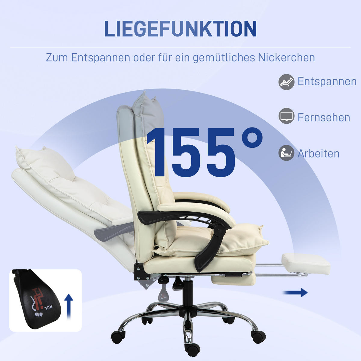 BÜROSTUHL höhenverstellbarer Schreibtischstuhl mit Liegefunktion, Fußstütze - Beige, Kunststoff (72/130/66cm) - Vinsetto