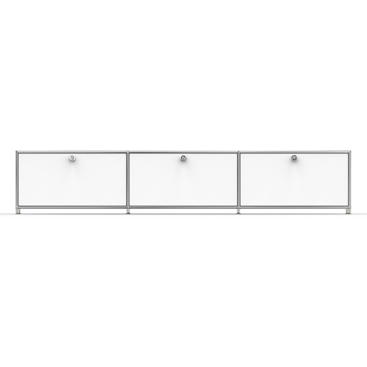 TV Board mit 3 Klappen & Schloss, Breite 227 cm, Signalweiß - Chromfarben/Silberfarben, Metall (40/43/227.2cm) - Versee