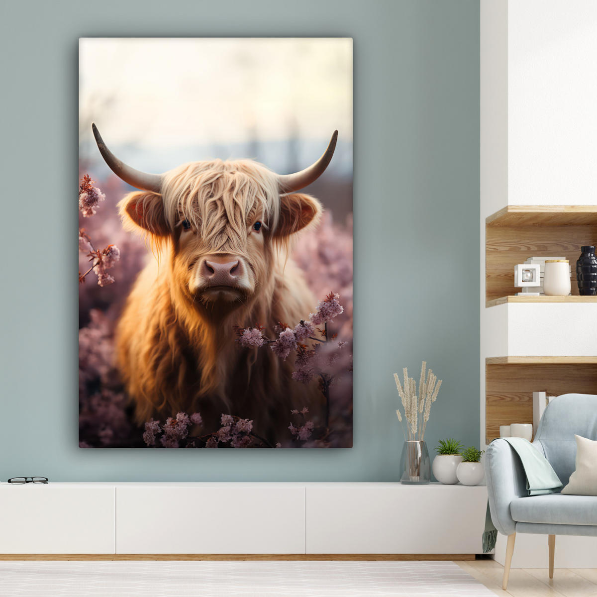 LEINWANDBILD Schottischer Hochländer - Frühling - Hochland Deko Groß 90x140 cm - Hellrosa, Textil (90/140cm) - MuchoWow