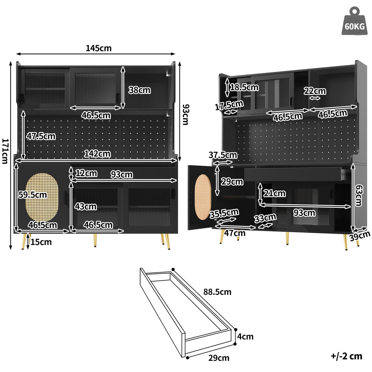 BUFFETSCHRANK 145/39/171 cm schwarz aus MDF mit LED-Lichtleiste - Schwarz, Holzwerkstoff (145/171/39cm) - OKWISH