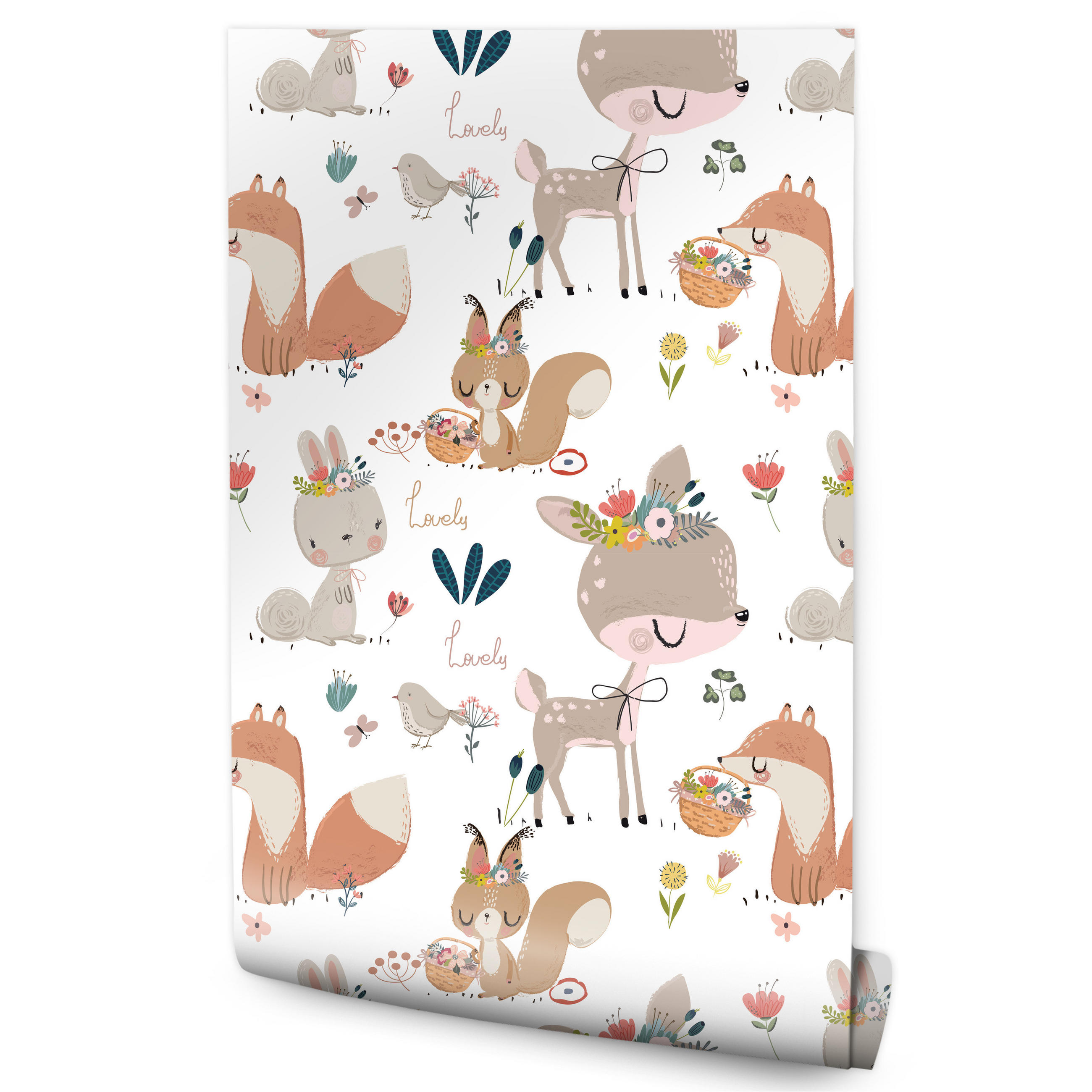 VLIESTAPETE Waldtiere und Blumen – Braun, Rosa, Grün, Weiß – 50x1000 cm - Braun/Rosa, Papier (50/1000cm) - Muralo