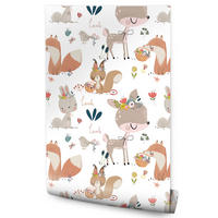 VLIESTAPETE Waldtiere und Blumen – Braun, Rosa, Grün, Weiß – 50x1000 cm - Braun/Rosa, Papier (50/1000cm) - Muralo