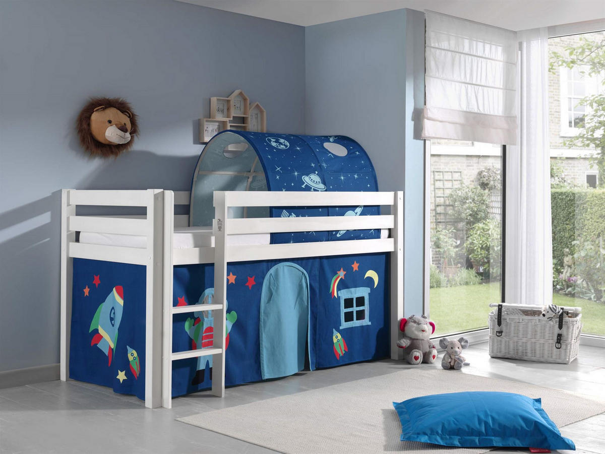 KINDERBETT Karolina 210x114x106 Massivholz Weiß Textilset Astro 2 - Blau/Weiß, Holz (90/200cm) - 58aufmkessel