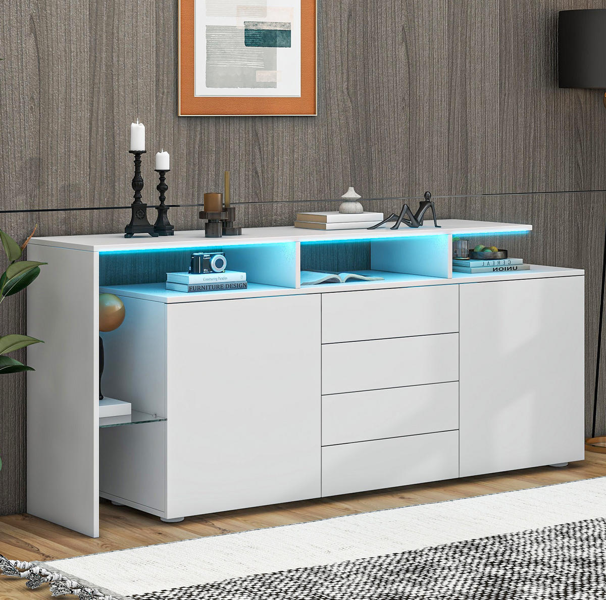 SIDEBOARD mit LED 160 cm Weiß Hochglanz - Weiß, Holzwerkstoff (160/70/35cm) - Meubliv