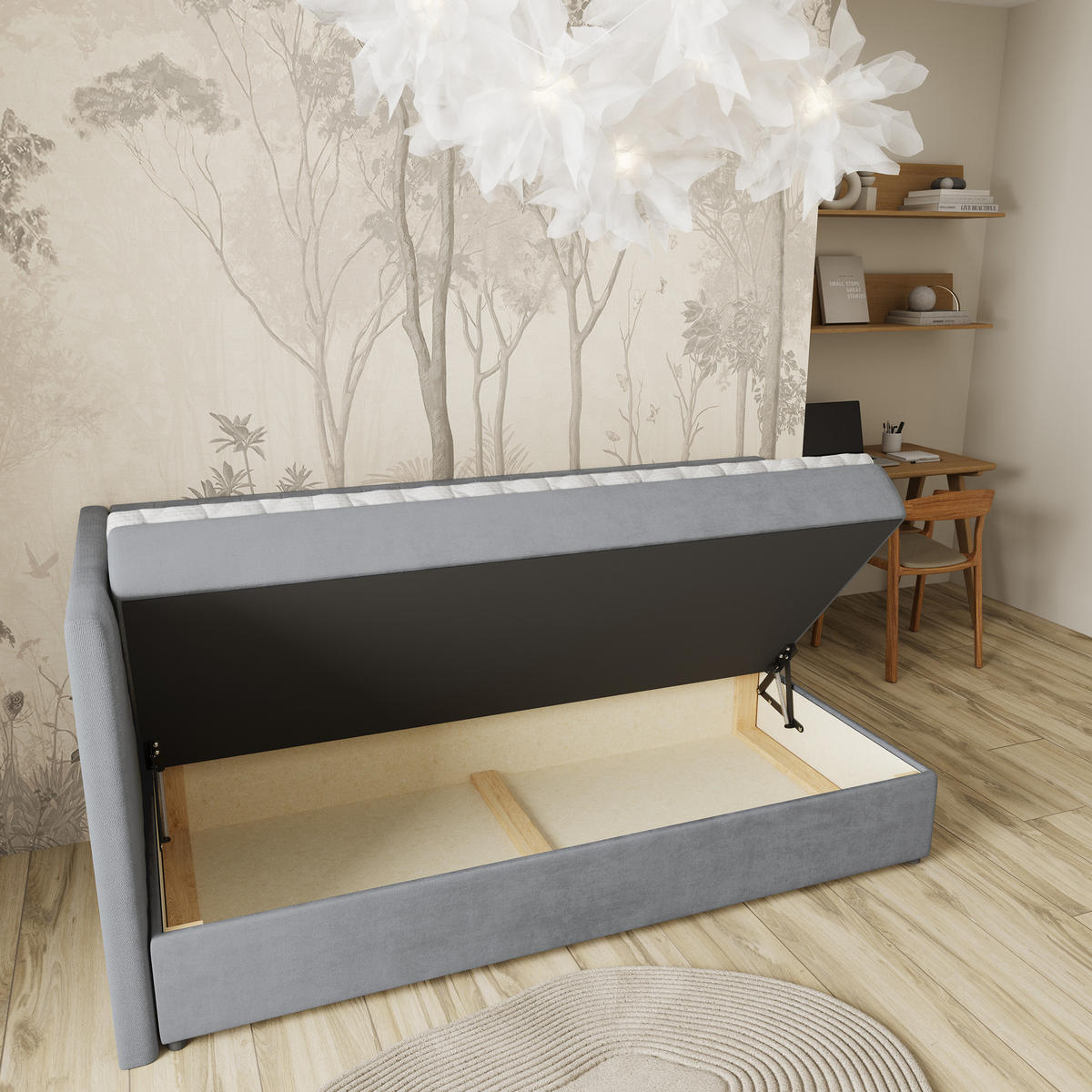 BOXBETT ARIS 80x200 cm mit Matratze und Topper, H2+H3 - Grau - Grau, Holz (80/200cm) - MASSENO