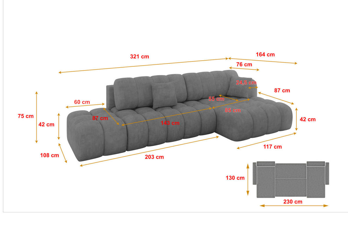 ECKSOFA mit Schlaffunktion Ottomane RECHTS OLEA-L2 321x164x75 Grau Velours - Anthrazit/Schwarz, Holzwerkstoff/Kunststoff (164/321cm) - ALTDECOR