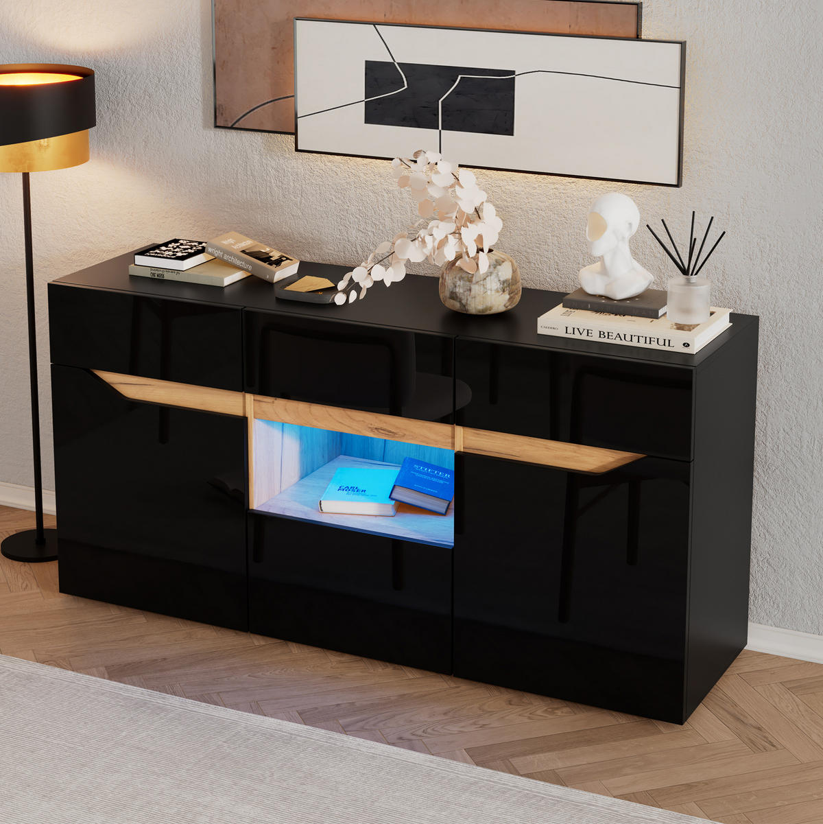 SIDEBOARD 140/40/70 cm mit LED-Beleuchtung, 4 Schubladen und 2 Türen, Hochglanz-Front, Schwarz/Naturholz - Schwarz, Holzwerkstoff (140/70/40cm) - Redom