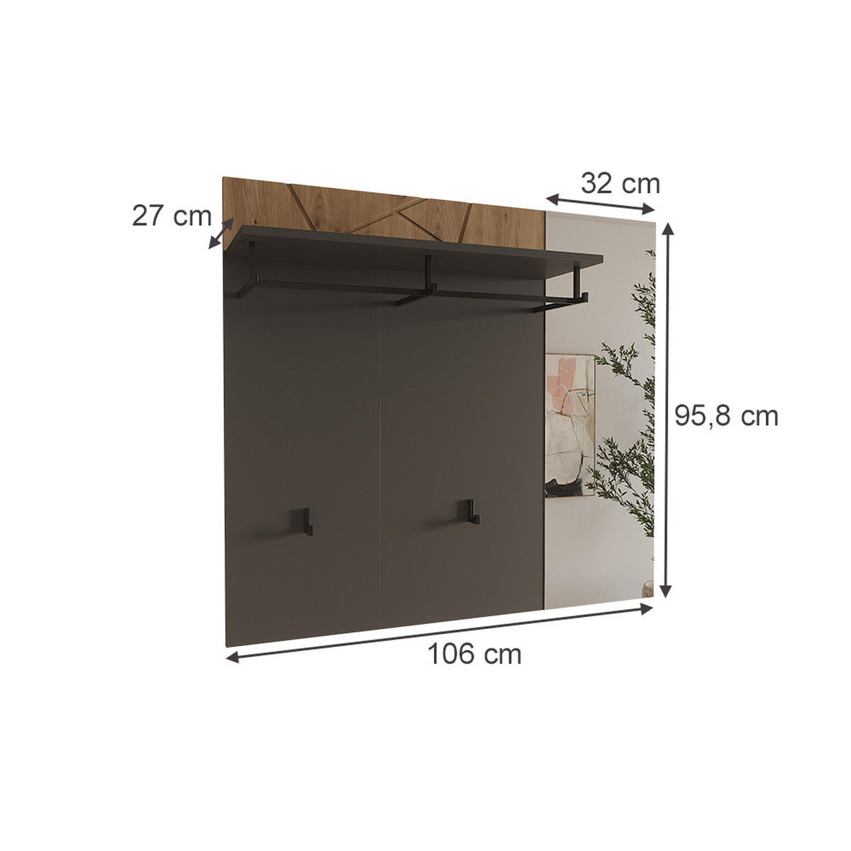 WANDGARDEROBE Irma Anthrazit/Artisan 106 x 95.8 cm mit Spiegel - Anthrazit, Holzwerkstoff (106/95.8/27cm) - Vicco