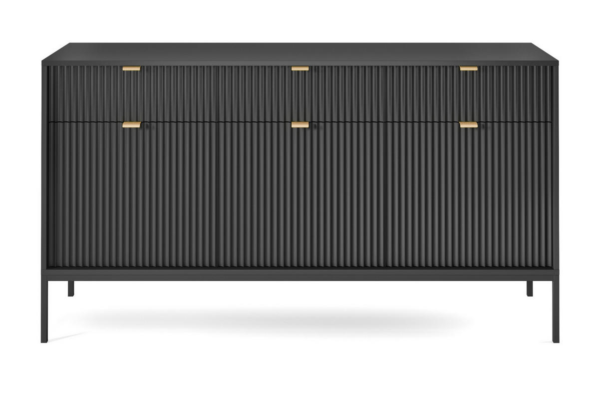 SIDEBOARD Eternas 3T 3S Schwarz 154/83/39 cm – schwarze Füße, mit geriffelten Fronten - Schwarz, Holzwerkstoff (154/83/39cm) - AX Living