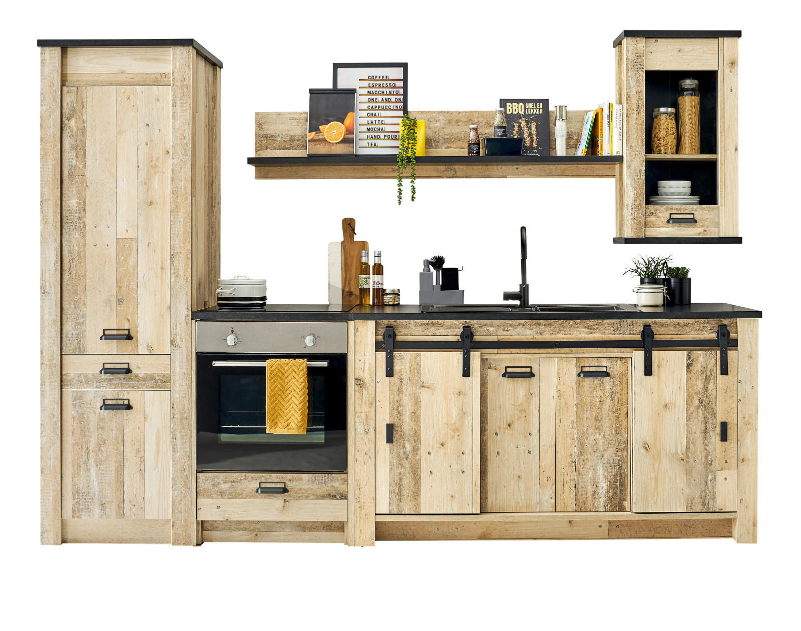 KÜCHENZEILE in Used Wood, anthrazit 284 cm, Küchenschrank-Set 5-teilig mit Soft-Close - Anthrazit/Schwarz, Glas/Holzwerkstoff (284/201/64cm) - Furn.Design