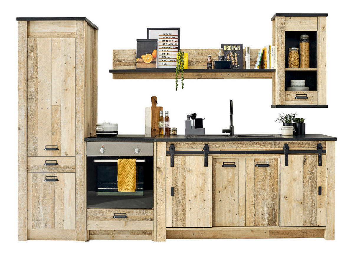 KÜCHENZEILE in Used Wood, anthrazit 284 cm, Küchenschrank-Set 5-teilig mit Soft-Close - Anthrazit/Schwarz, Glas/Holzwerkstoff (284/201/64cm) - Furn.Design